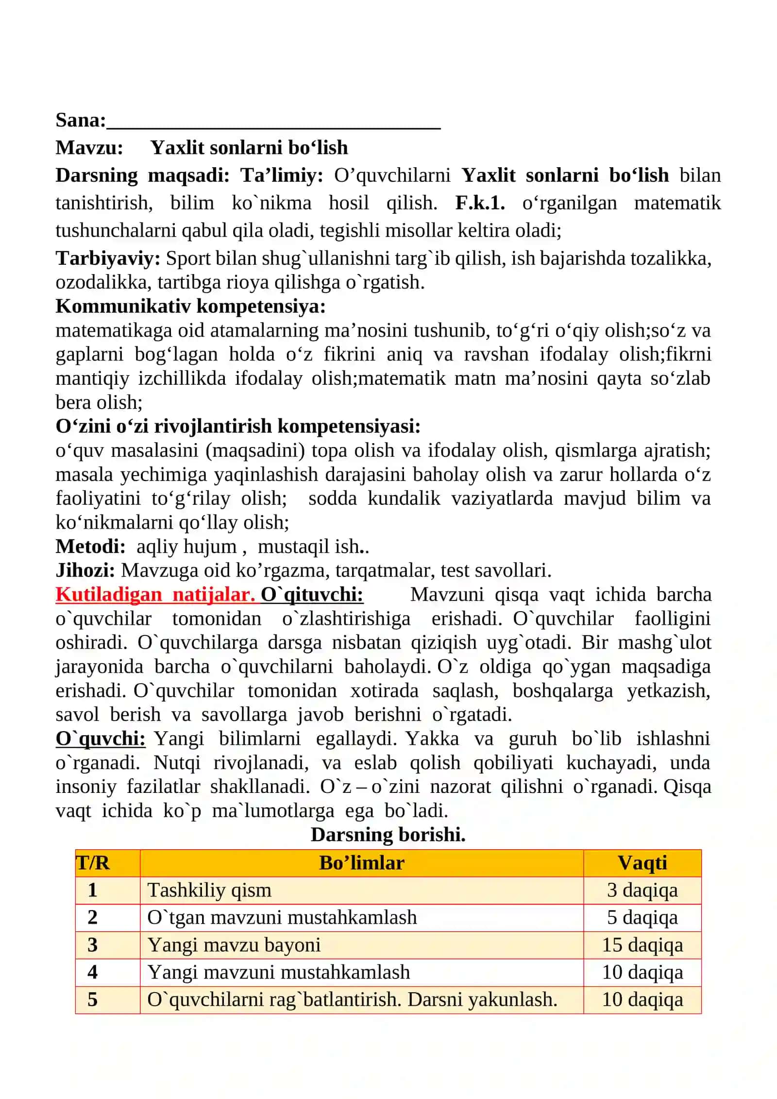 Yaxlit sonlarni bo‘lish mavzusida 2-sinf matematika fanidan dars ishlanmasi 2