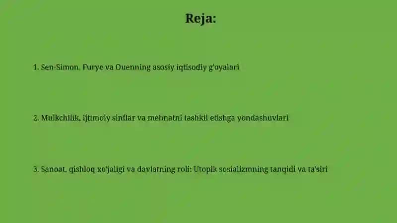 Sen-Simon, Furye va Ouenning asosiy iqtisodiy g'oyalari 2