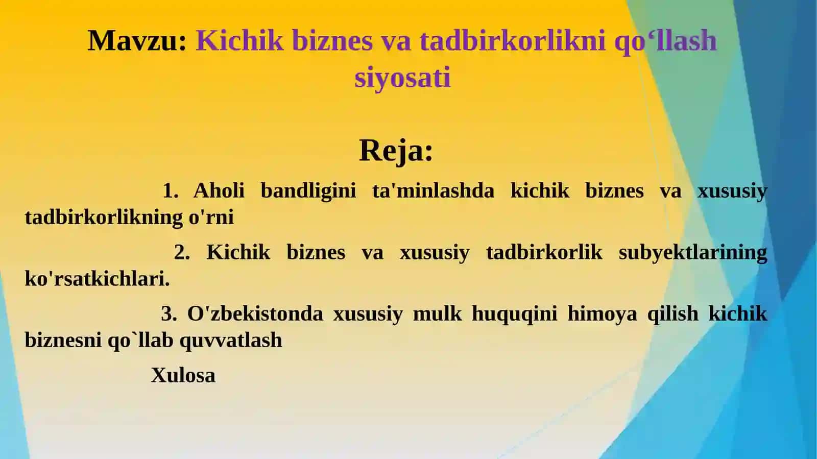 Kichikbiznes va tadbir korlikni qo'llash siyosati 2