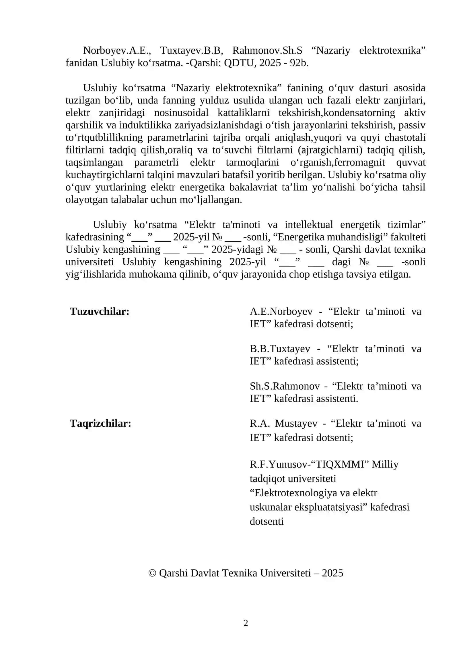 Nazariy elektrotexnika fanidan Uslubiy ko‘rsatma 2