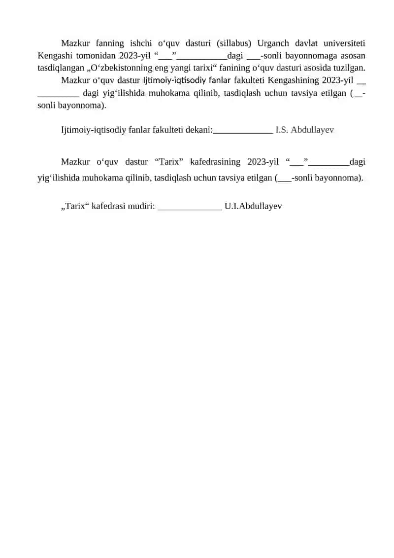 O‘zbekistonning eng yangi tarixi fanining ishchi o‘quv dasturi 2