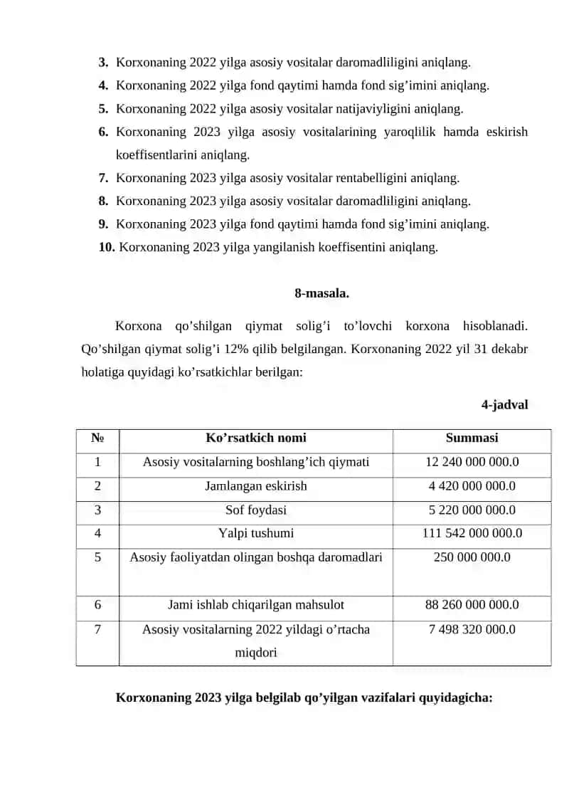 2-mavzu. Asosiy vositalar holati va ulardan samarali foydalanish tahlili 2