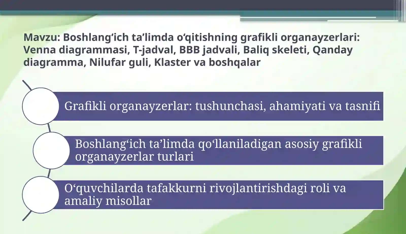 Boshlang‘ichta’limdao‘qitishninggrafikliorganayzerlari:Vennadiagrammasi, T-jadval, BBBjadvali,Baliqskeleti,Qandaydiagramma,Nilufarguli,Klastervaboshqalar 2