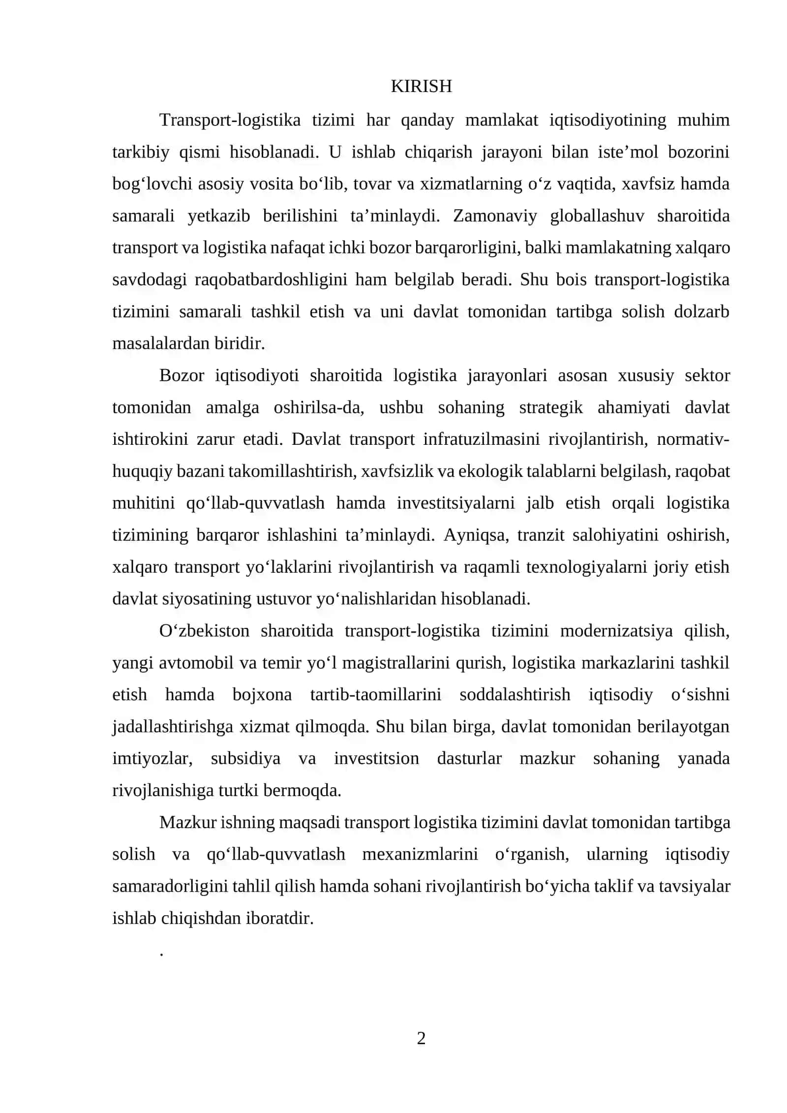 TRANSPORT LOGISTIKA TIZIMINI DAVLAT TOMONIDAN TARTIBGA SOLISH VA QO'LLAB QUVVATLASH 2