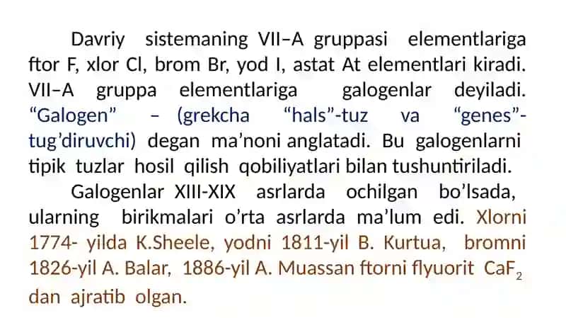 Davriy sisemaning VII-asosiy guruch elementlarining umumiy xarakteristikasi 2