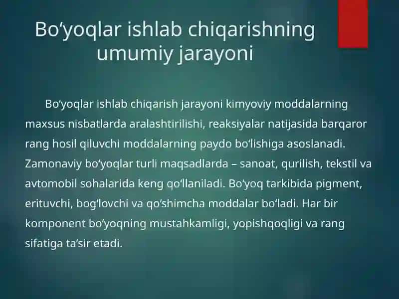 Bo‘yoqlar ishlab chiqarish innovatsion texnologiyasi 2