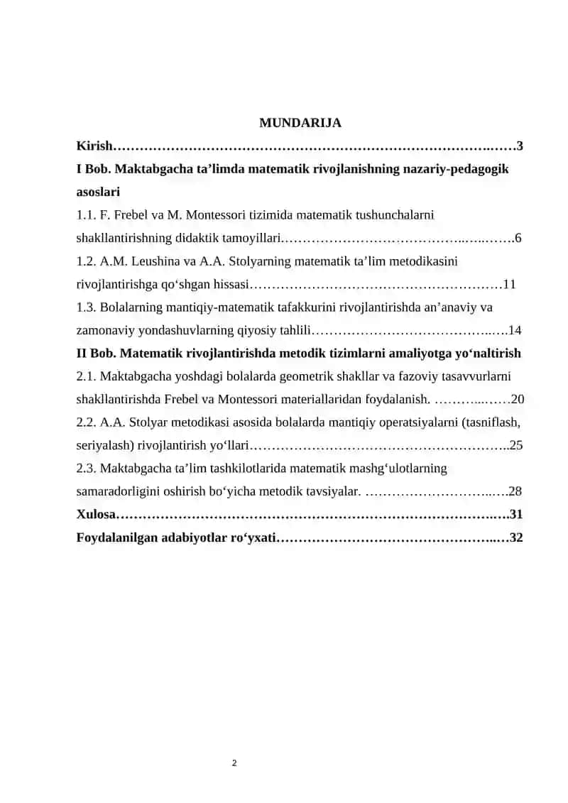 M. Montessori, F. Frebel, A.M. Leushina va A.A. Stolyarning maktabgacha yoshdagi bolalarning matematik rivojlanishiga oid zamonaviy yondashuvlari. 2