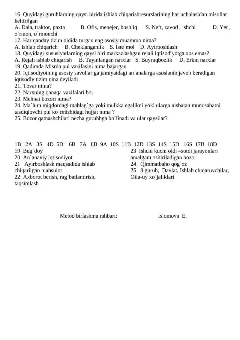 Iqtisod fanidan “Bilimlar bellashuvlari” ning I bosqichi uchun nazorat materiallari 8-sinf 2