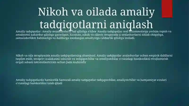 Nikoh Va Oila Sohasidagi Tadbiqiy Tadqiqotlar 2