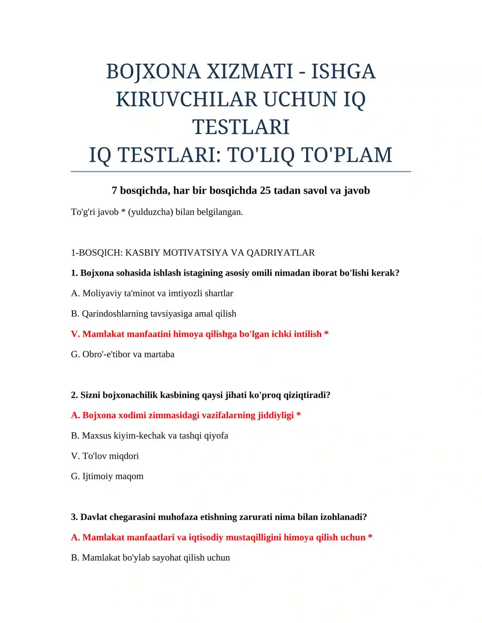 BOJXONA XIZMATI - ISHGA KIRUVCHILAR UCHUN IQ TESTLARI 2