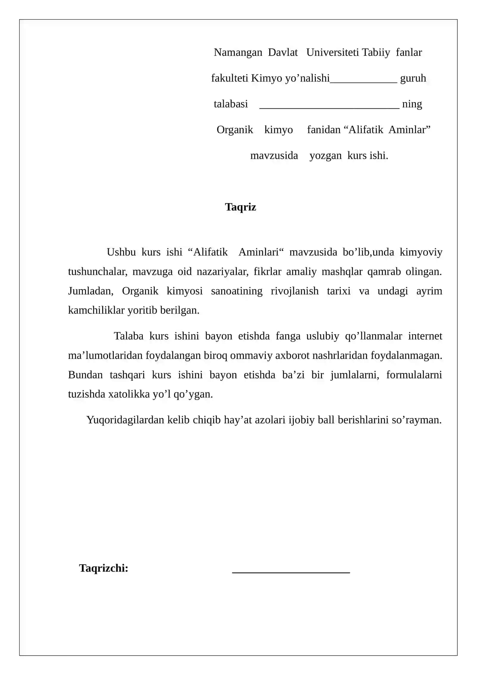 Alifatik Aminlar Kurs ishi 2