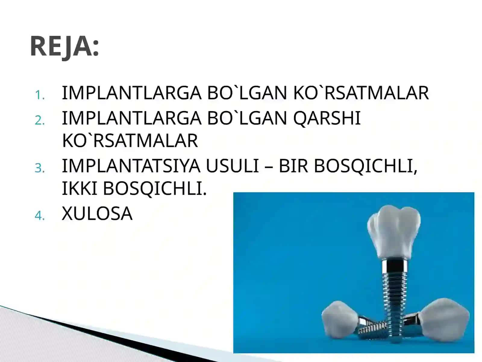 IMPLANTLARGA BO`LGAN KO`RSATMALAR VA QARSHI KO`RSATMALAR 2