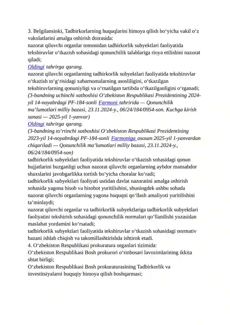 Tadbirkorlik faoliyatini himoya qilish tizimini tubdan takomillashtirish va prokuratura organlari faoliyatini optimallashtirish chora-tadbirlari 2