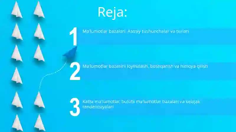Ma'lumotlar bazasi - bu 1960-yillardan beri rivojlanib kelayotgan, ma'lumotlarni tartibli saqlash va ularga samarali kirishni ta'minlash maqsadida yaratilgan elektron tizim. 2