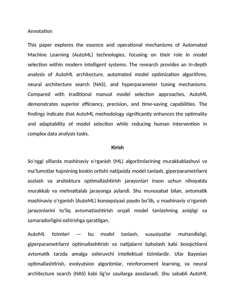 AutoML yordamida avtomatik model tanlashning zamonaviy yondashuvlari va intellektual tizimlardagi roli 2