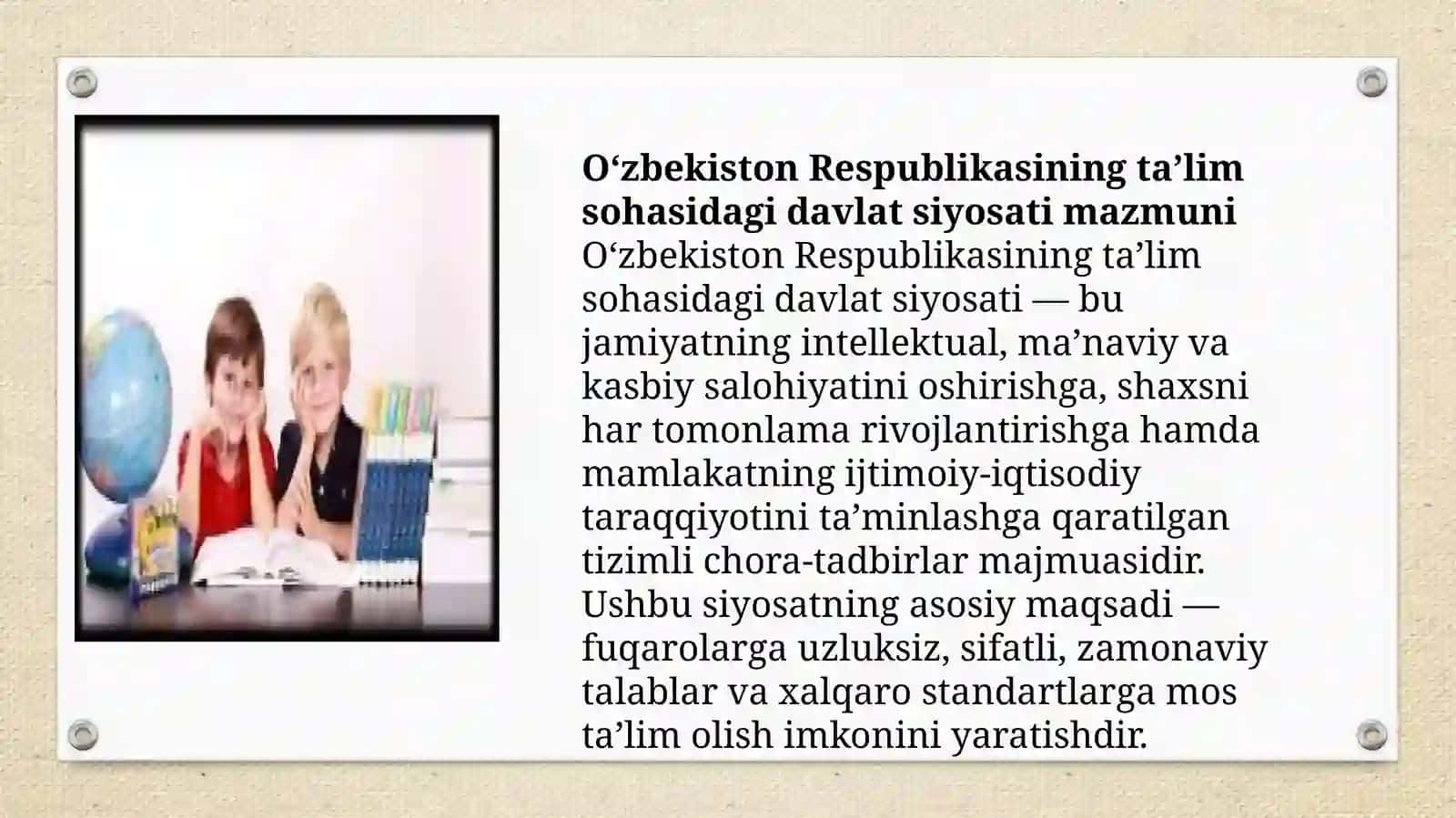 O‘zbekiston Respublikasining ta’lim sohasidagi davlat siyosati mazmuni 2