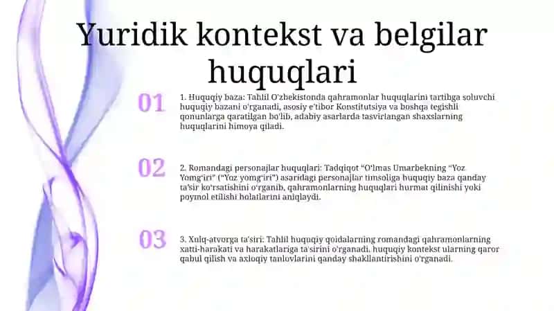 OʻLmas Umarbekning Yoz YomgʻIri Asarida Qahramonlarning Huquqlari Va Xulq Atvorig TaʼSir Qiluvchi Qonun Bandlari Tahlili 2