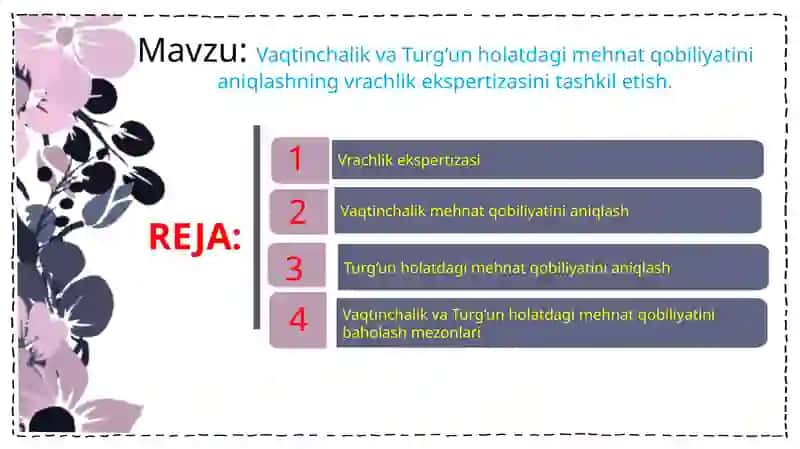 Jamoat salomatligi - Vaqtinchalik va turg'un holatdagi mehnat qobilyatini aniqlashning vrachlik ekspertizasini tashkil etish. 2