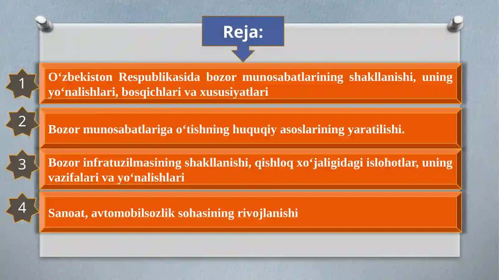 Iqtisodiy islohotlar, xususiy mulkchilikning shakllanishi. O‘zbekistonda bozor munosabatlarining rivojlanishi 2