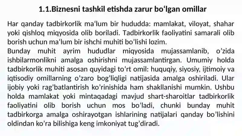 Biznes faoliyatini tashkil etishning o‘ziga xos xususiyatlari 2