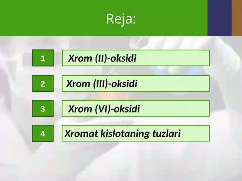 Xromning II, III, VI valentli birikmalarini va xossalari 2