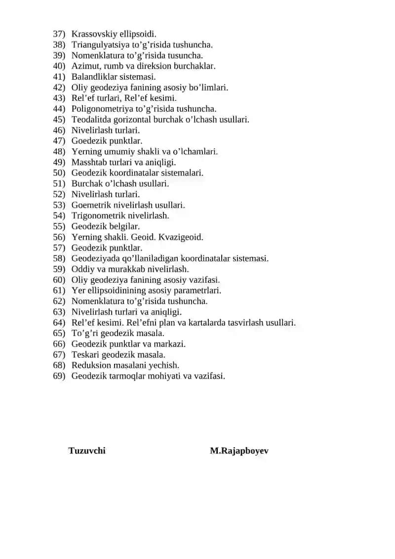 “Oliy geodeziya” fanidan Oraliq va Yakuniy nazorat uchun savollar to‘plami 2