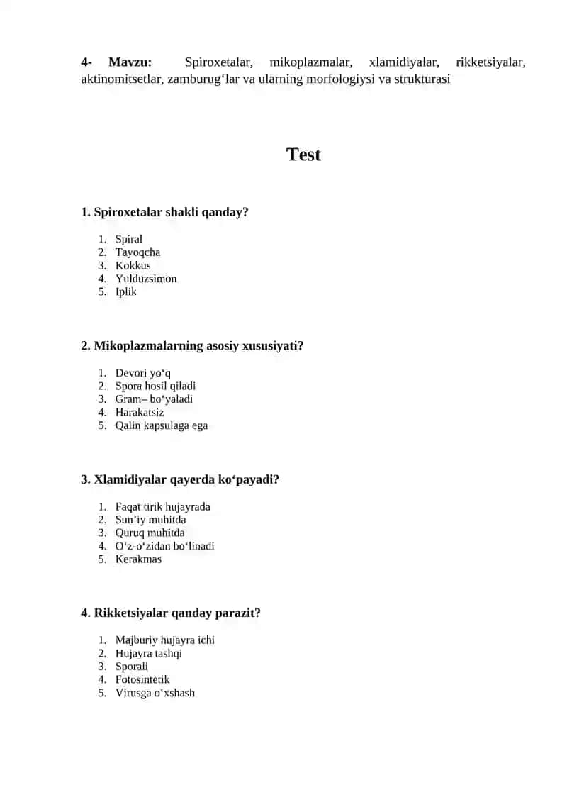 Spiroxetalar, mikoplazmalar, xlamidiyalar, rikketsiyalar, aktinomitsetlar, zamburug‘lar va ularning morfologiysi va strukturasi 2