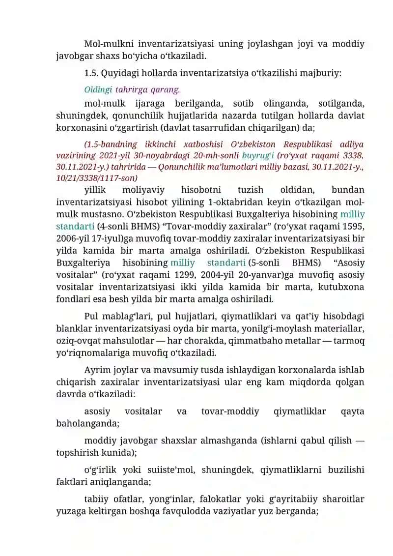 INVENTARIZATSIYANI TASHKIL ETISH VA O‘TKAZISH. O‘ZBEKISTON RESPUBLIKASI BUXGALTERIYA HISOBINING MILLIY STANDARTI 19-SONLI BHMS 2