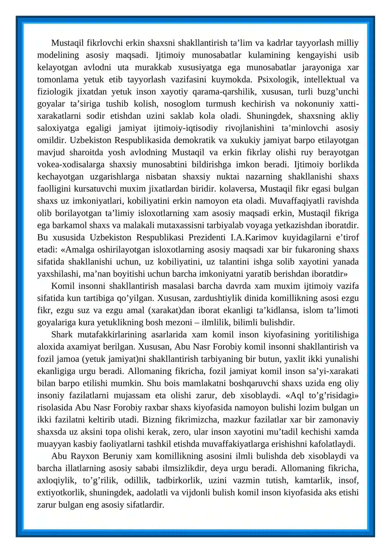 Mustaqil fikrlovchi erkin shaxsni shakllantirish ta’lim va kadrlar tayyorlash milliy modeli 2