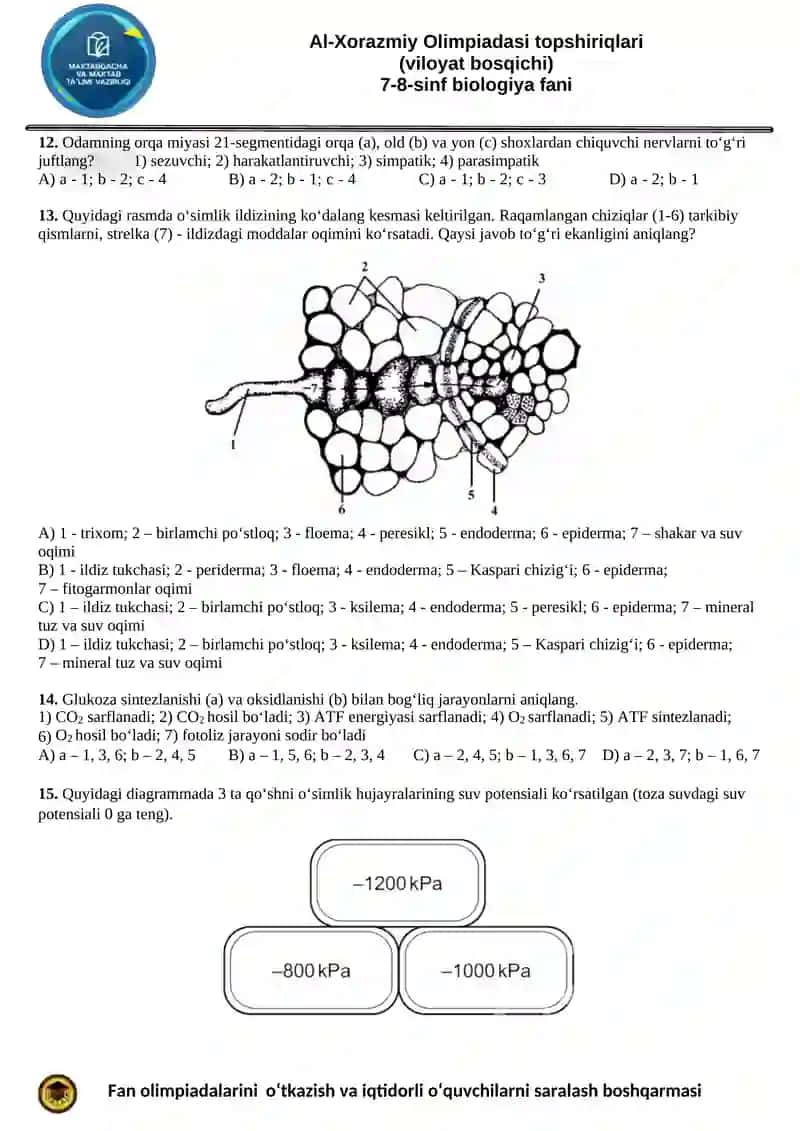 Al-Xorazmiy Olimpiadasi topshiriqlari (viloyat bosqichi) 7-8-sinf biologiya fani 2
