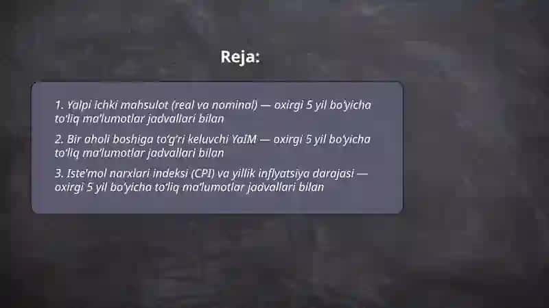 Asosiy makroiqtisodiy koʻrsatkichlar oxirgi 5 yiligi haqida toʻliq malumotlar jadvallari bilan 2