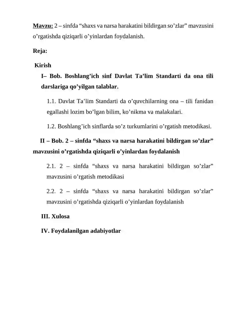 SULTONOVA MOHINUR's ONA – TILI O’QITISH METODIKASI FANIDAN KURS ISHI 2