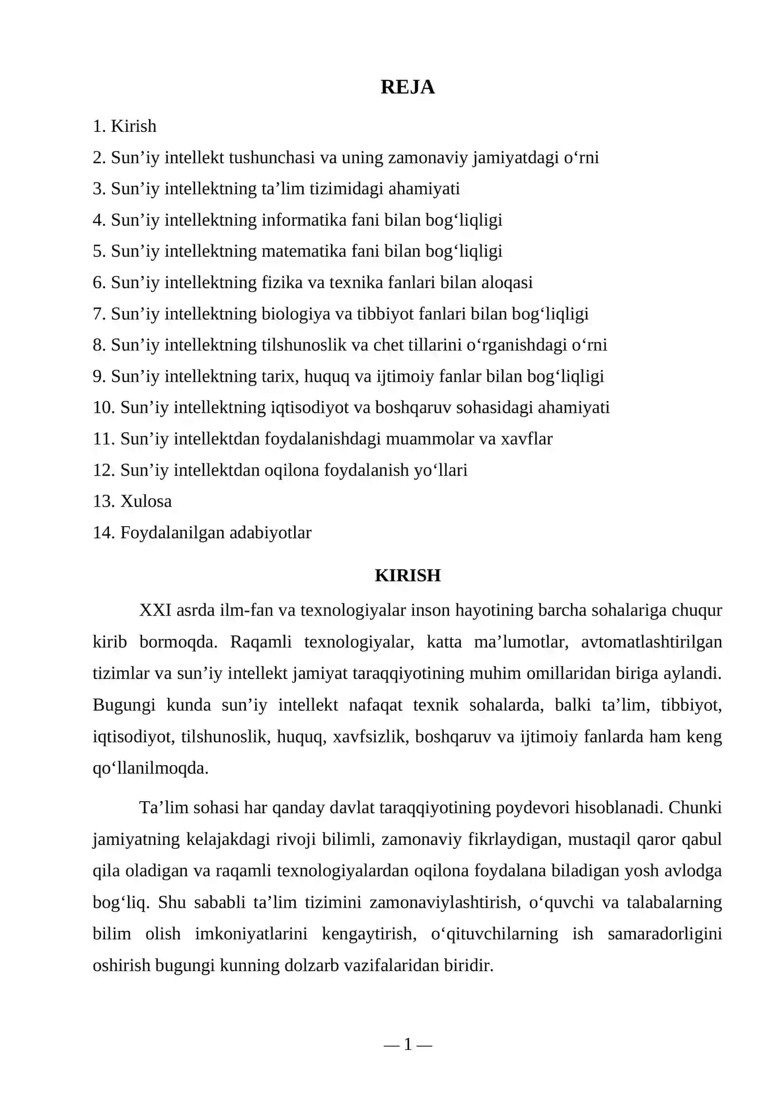“Sun’iy intellektning ta’limdagi o‘rni va fanlararo bog‘liqligi — tayyor referat” 2