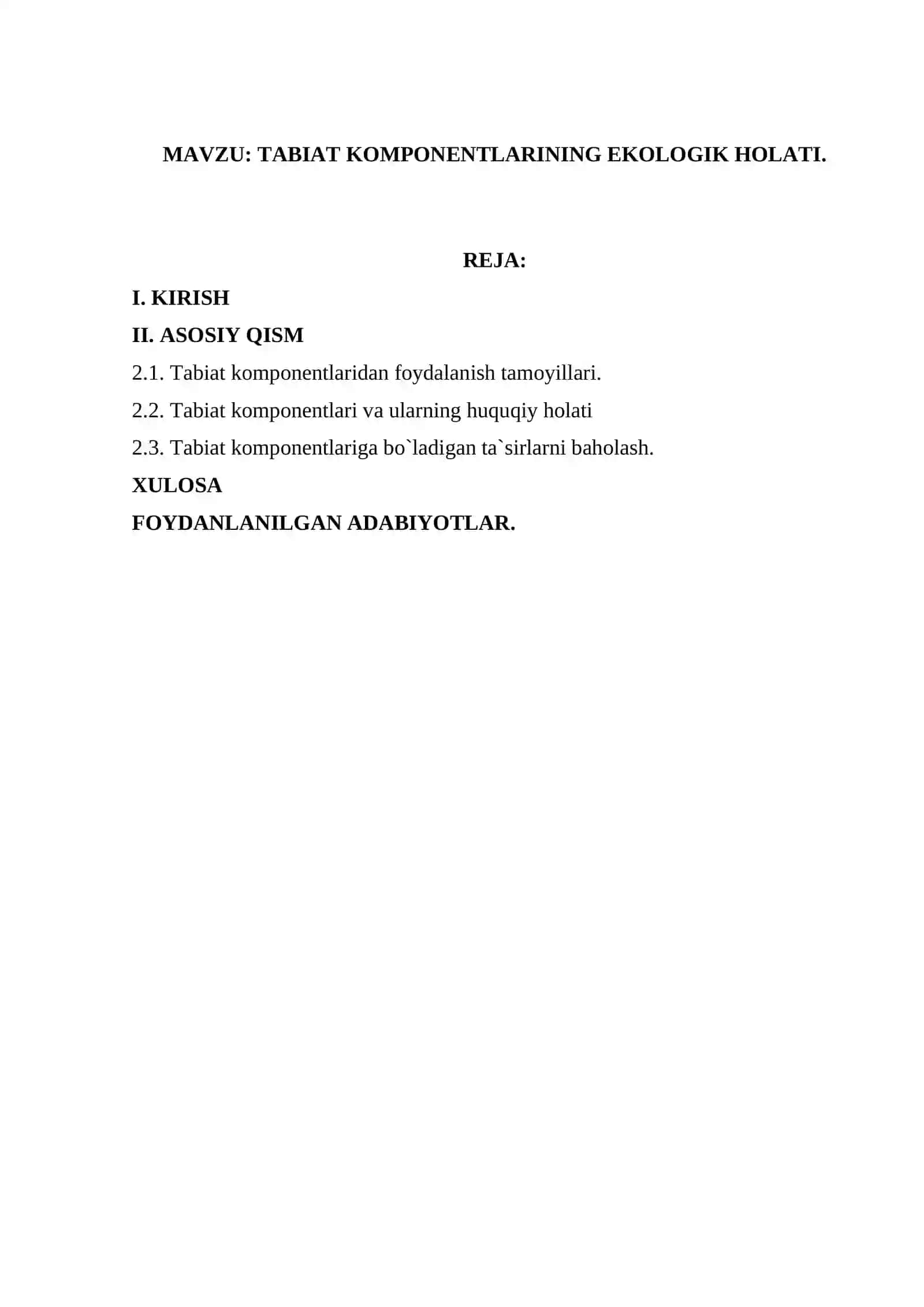 EKOLOGIYA VA HAYOT FAOLYATI XAVFSIZLIGI» KAFEDRASI KURS ISHI 2
