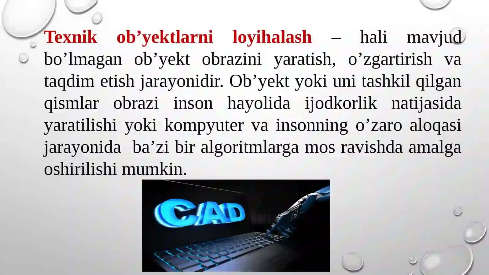 Zamonaviy avtomatlashtirilgan loyixalash tizimlari va ularni texnik soxalarda qo’llanilishi 2