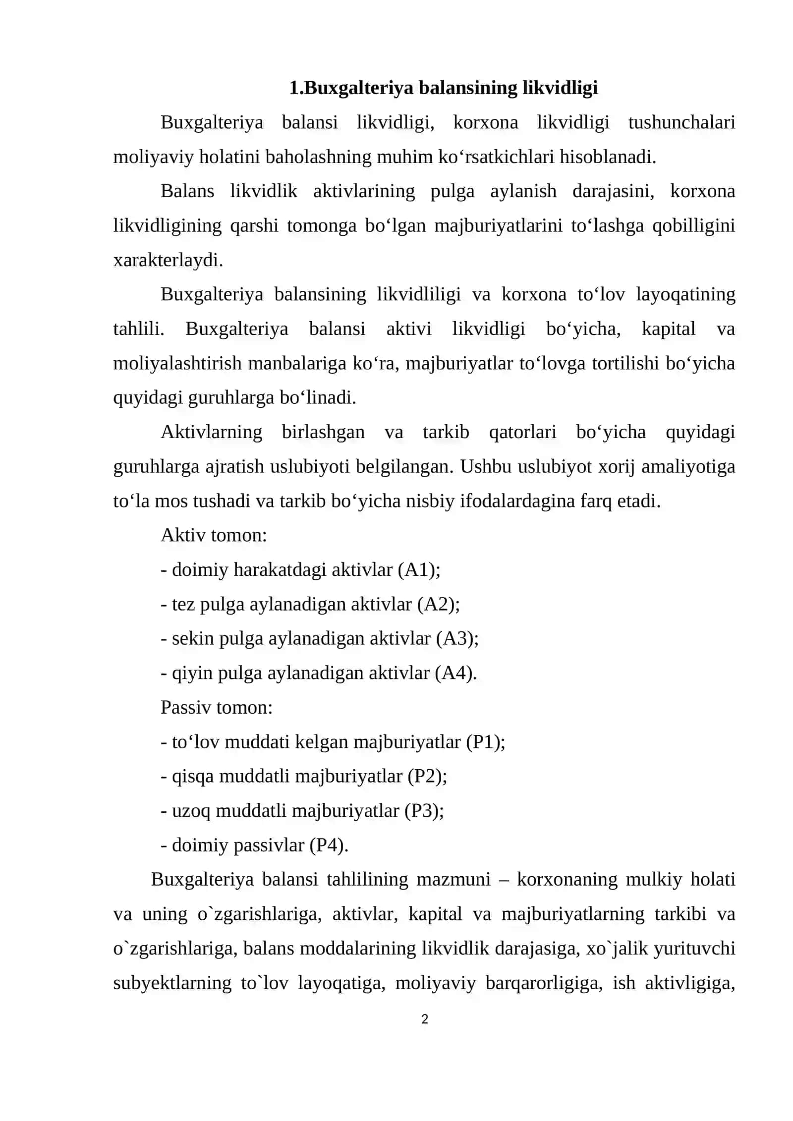 Buxgalteriya balansining likvidligi  va korxona tõlov layoqatligining tahlili 2