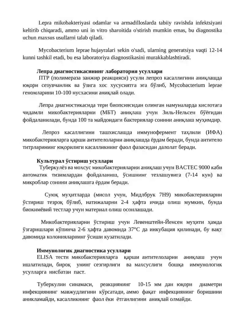 Mikrobakteriyalar: Sil va moxov qoʻzgʻatuvchilarining xarakteristikasi va laboratoriya diagnostikasi 2