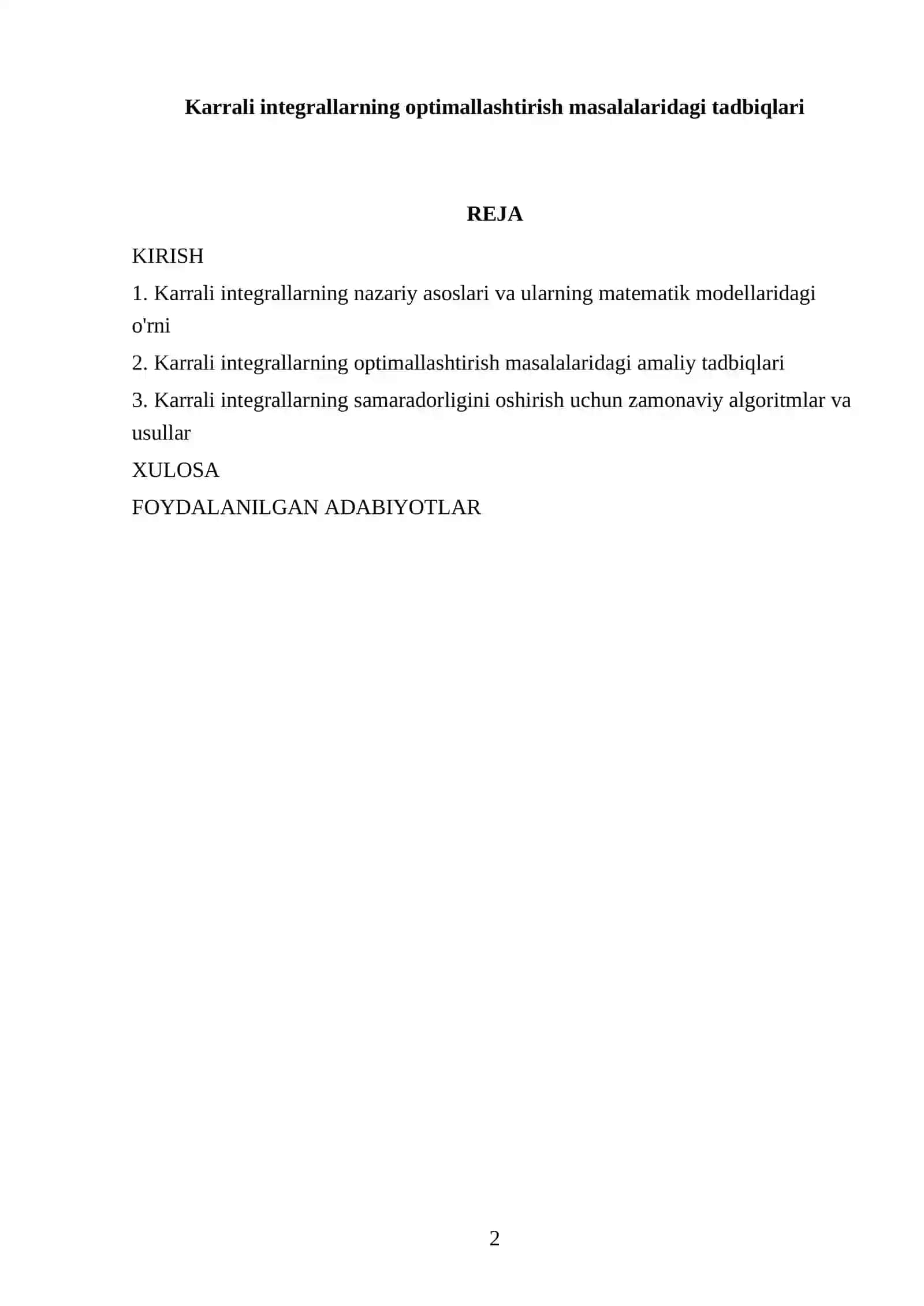Karrali integrallarning optimallashtirish masalalaridagi tadbiqlari 2