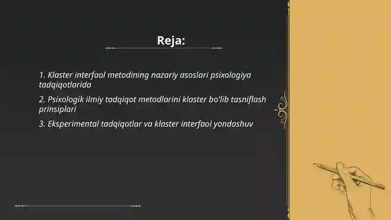 Psixologiya fanining ilmiy tadqiqot metodlarini klaster interfaol metodi asosida yoritib bering va tizimga joylang 2