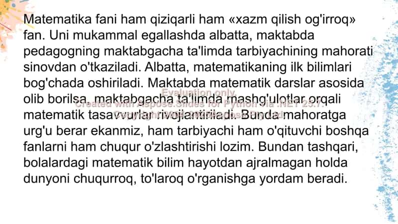 Bolalarni maktabdaga tayyorlashda elementlar matematik tasavvurlarini shakllanganlik ahamiyati 2