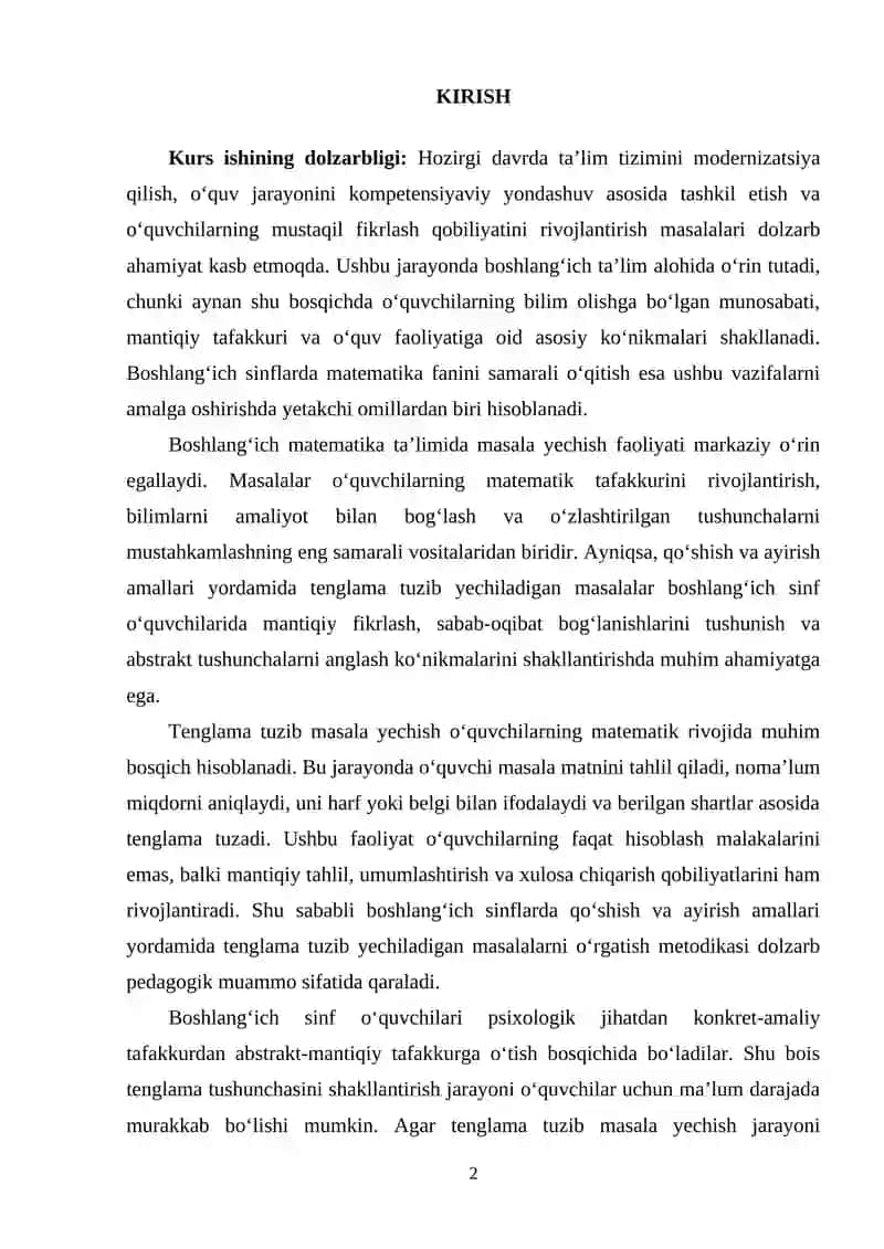 Boshlang‘ich sinflarda qo‘shish va ayirish amallari yordamida tenglama tuzib yechiladigan masalalar va uni yechishni o‘rgatish uslubiyoti 2