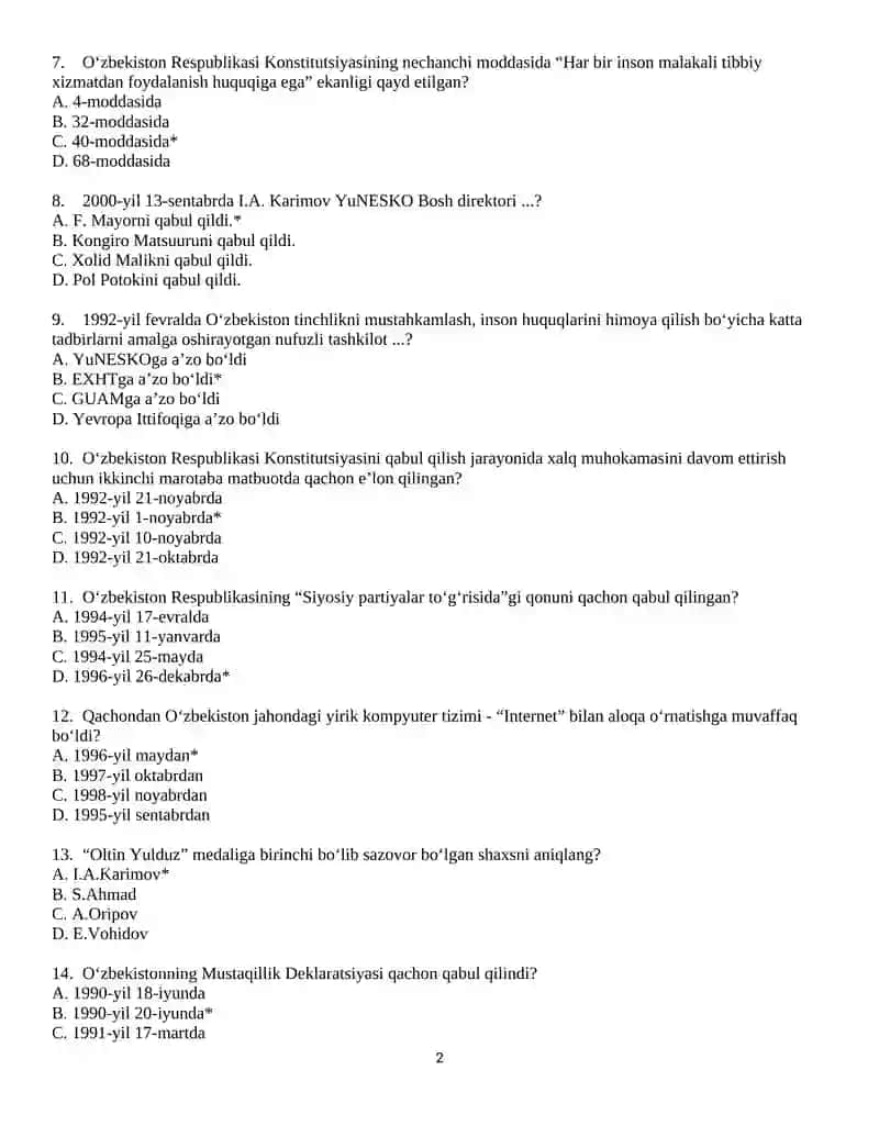 O’ZBEKISTON TARIXI FANIDAN TEST SAVOLLARI 2