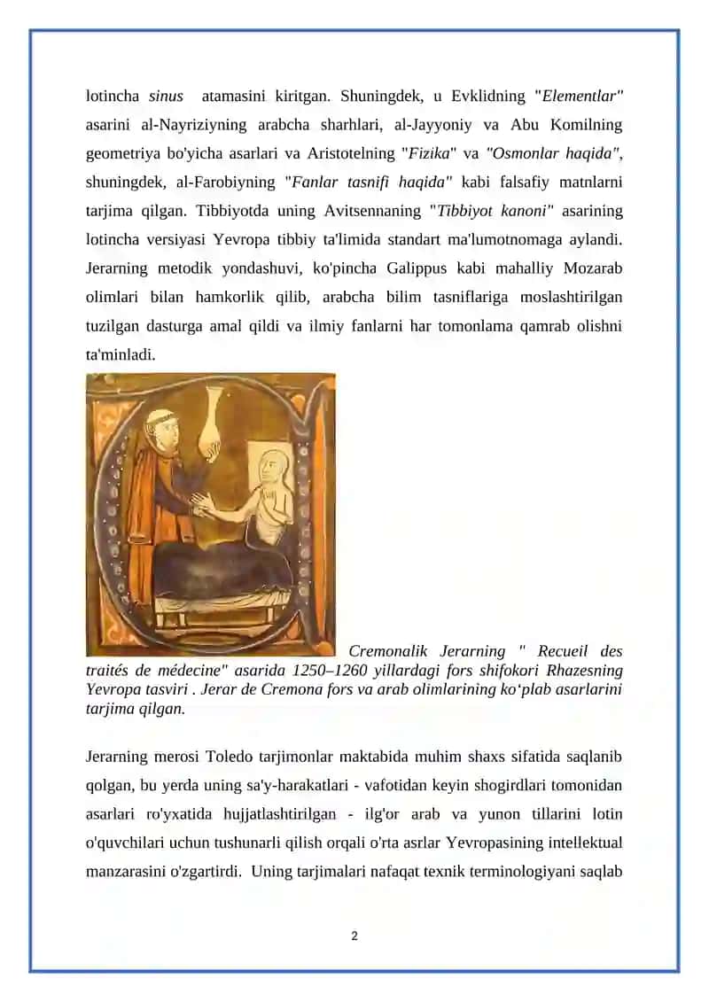 Kremonalik Jerard yaratgan tarjimalar ro'yxati va ularning fanlar kesimida klasifikatsiyasi 2