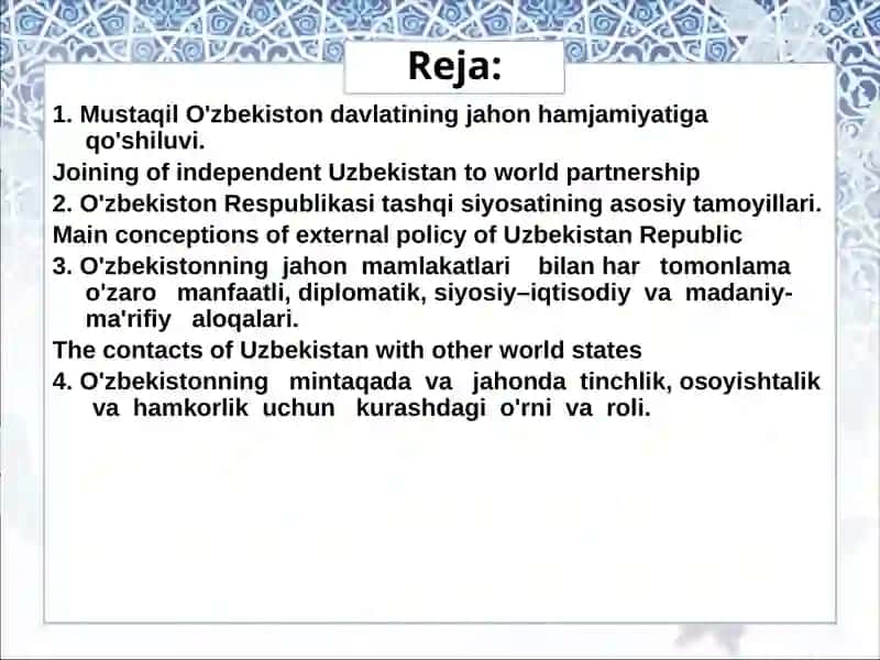 O‘zbekistonning jahon hamjamiyatida tutgan o`rni va integratsiyalashuvi 2