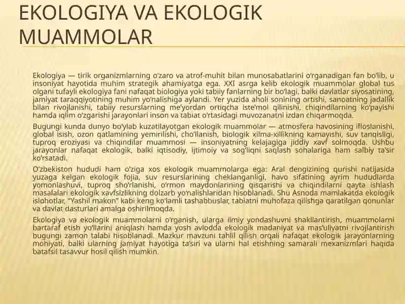 O’zbekiston respublikasi tabiatini asrashga doir qonunlarni o’rganish tahlil qilish 2