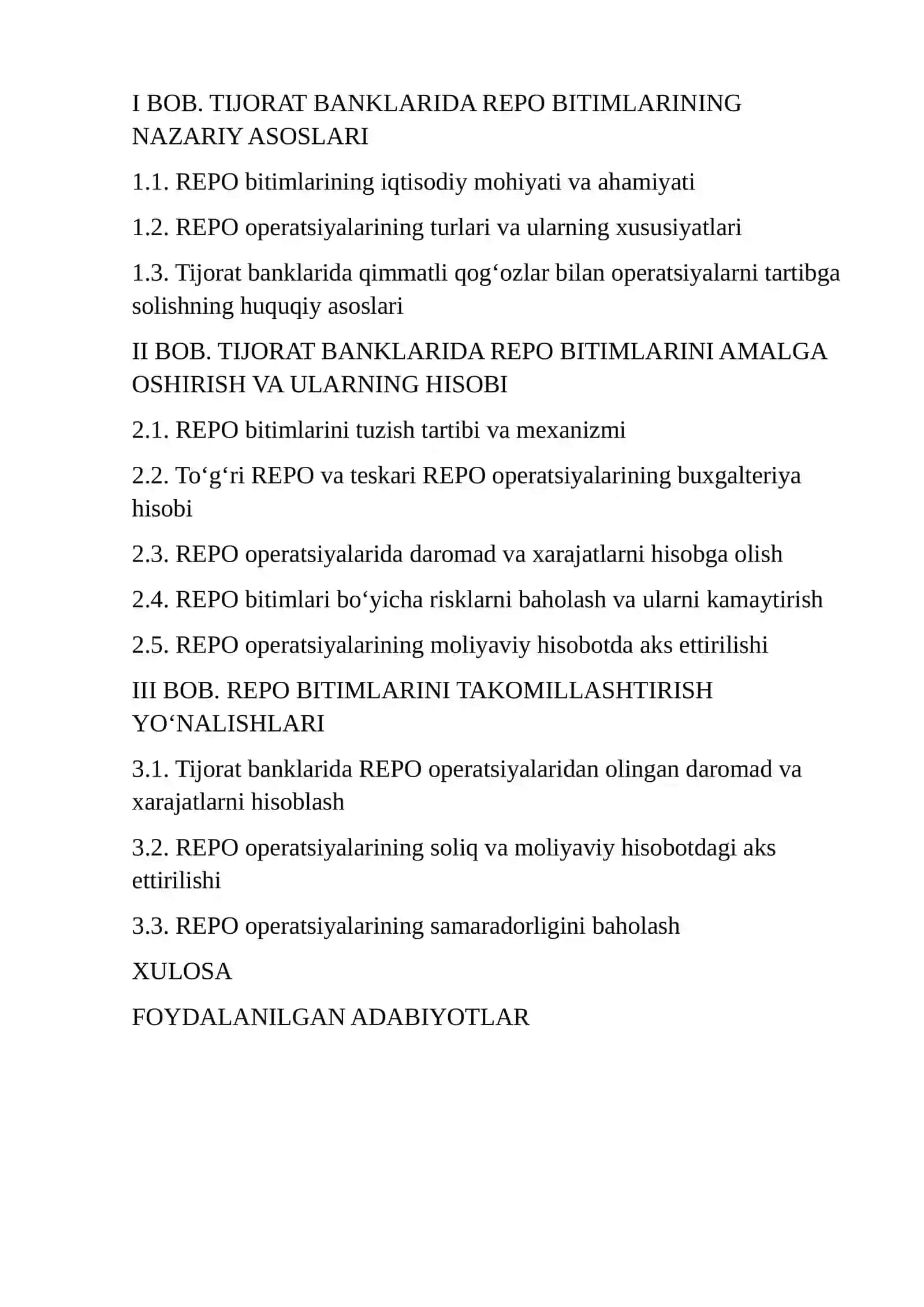 TIJORAT BANKLARI TOMONIDAN QIMMATLI QOG'OZLAR BILAN REPO BITIMLARI HISOBI 2