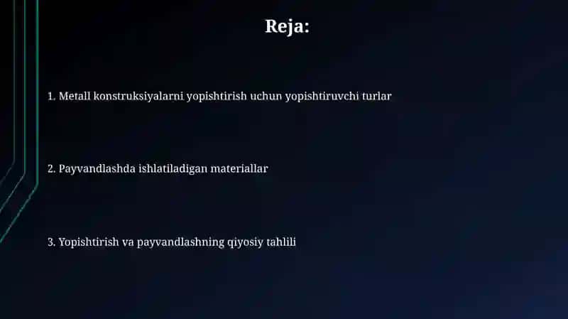 Metal konstruksiyalarniyelimlab biriktirish yelim turlari Payvandlashda qo‘llaniladgan materiallar 2
