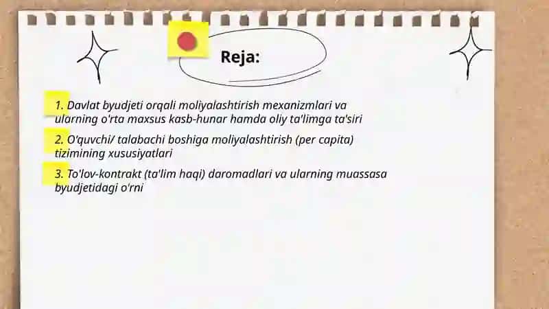 O'rta maxsus kasb hunar ta'limi va oliy ta'lim muassasalarini moliyalashtirishning o'ziga xos hususiyatlari 2