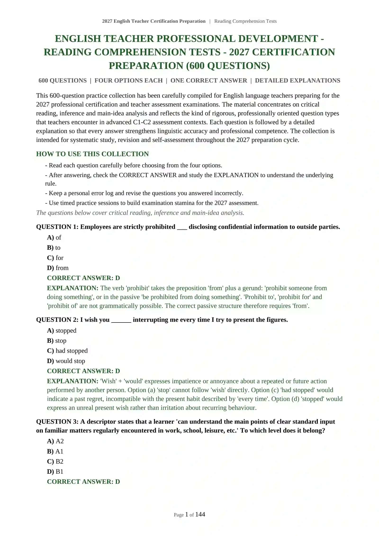 2027 English Teacher Certification Preparation | Reading Comprehension Tests 2