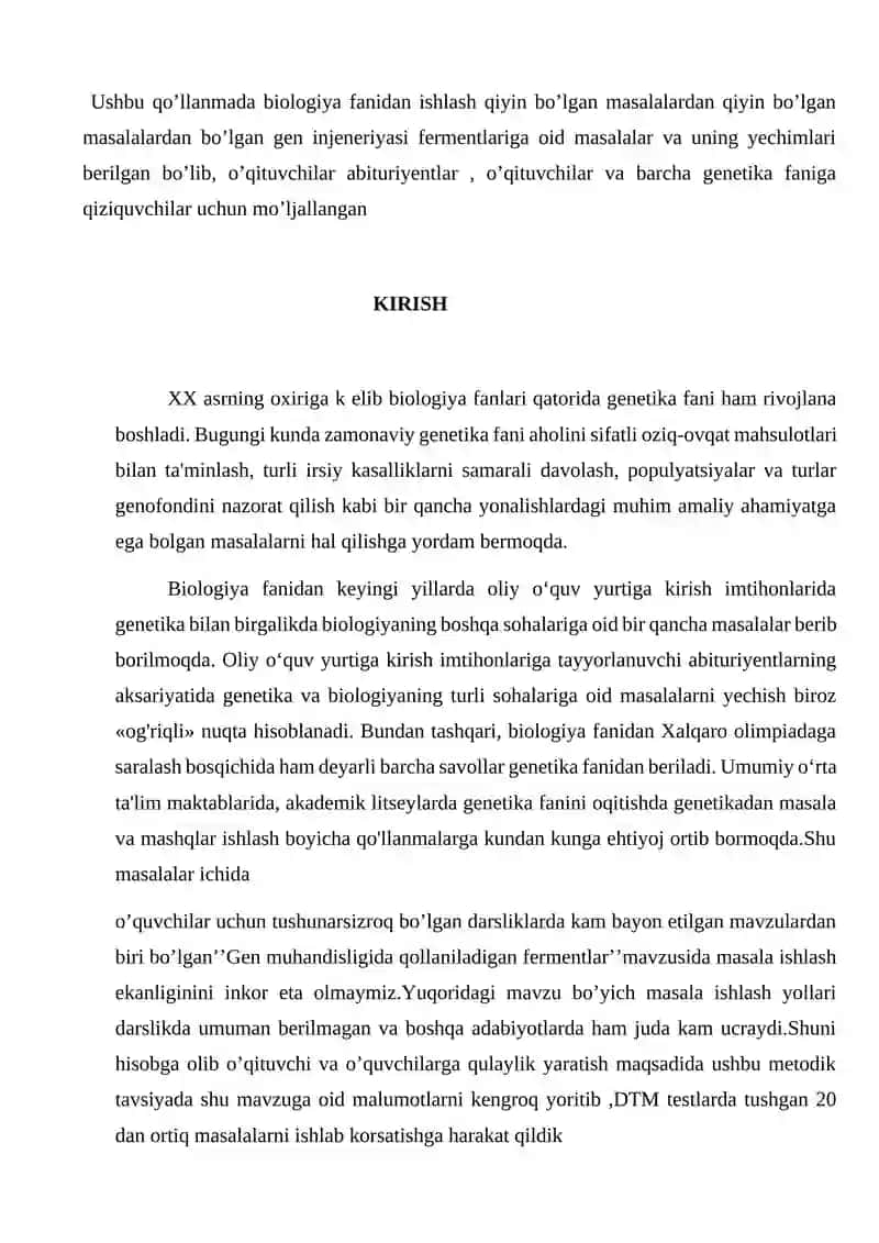 Genetik injeneriyada qo’llaniladigan fermentlarga oid masalalar ishlash 2